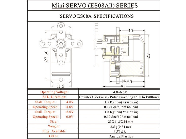 Emax Micro Servo 9gr ES08A II, 23x11.5x24mm, Stellkraft 1.8kg/cm - negativ – Bild 2